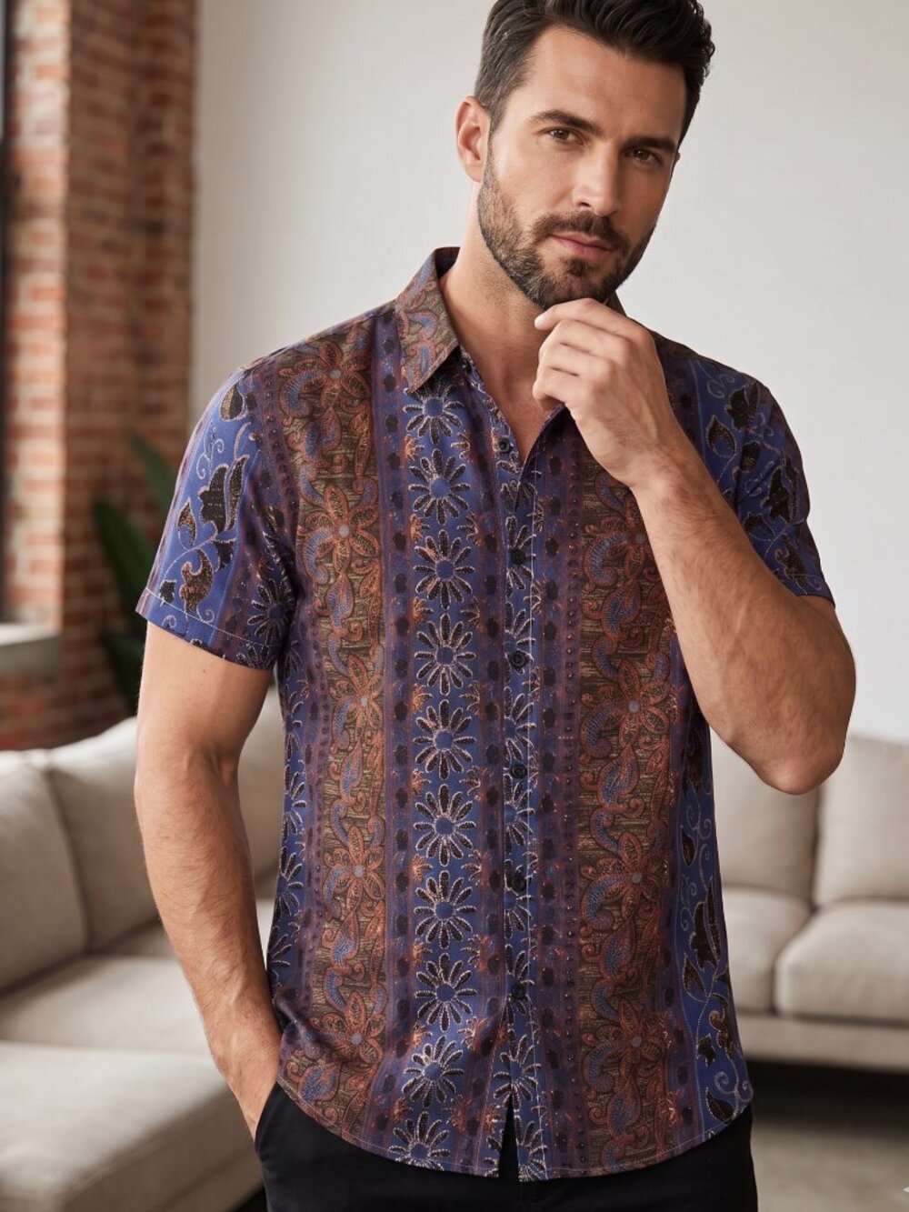 NWT | JOGAL Men's Bohemian Floral Paisley Vertical Panel Short Sleeve Button Up